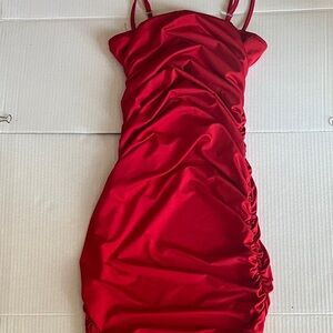 Sleek Red Ruched Spaghetti-Strap Mini Dress